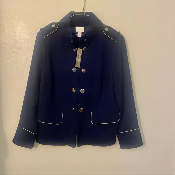 Chico's Navy Military Blazer with Gold Accents Chico Size 2 - Picture 3 of 11